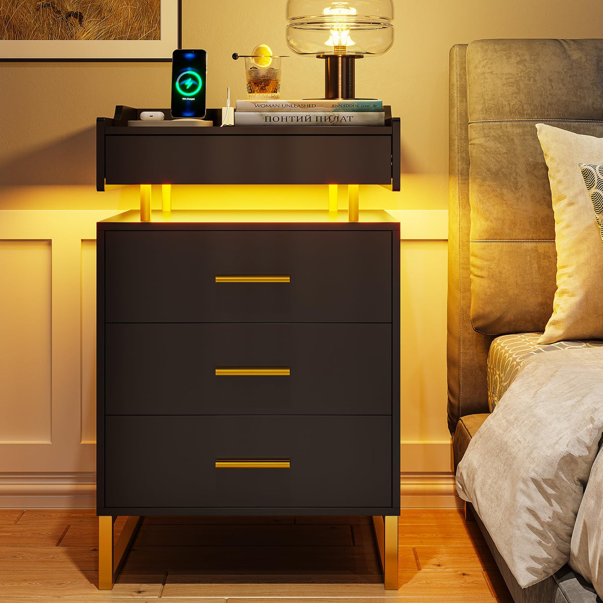 LED Nightstand with Charging Station, Night Stand with 3 Drawers and 1 Pull-Out Tray,