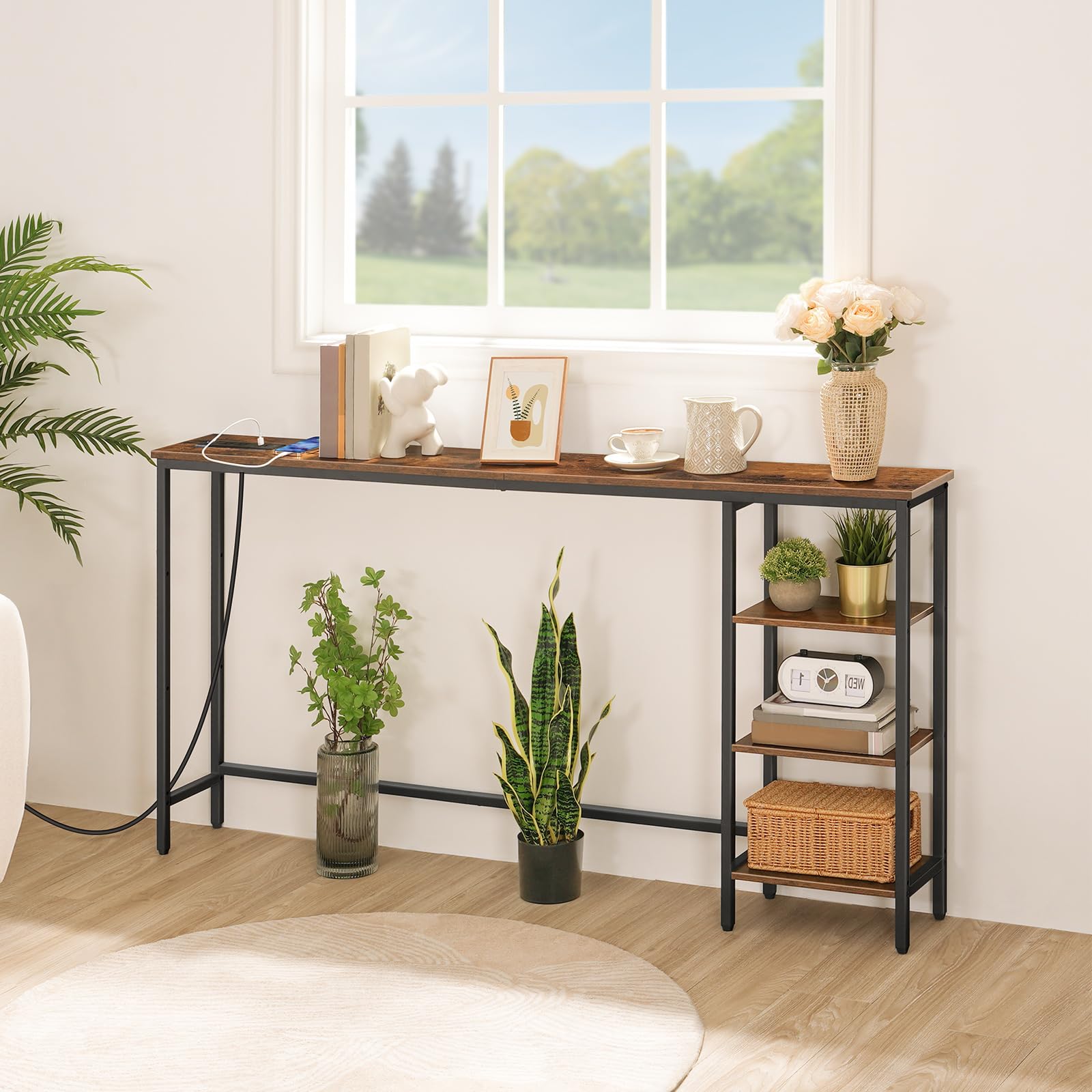 63" Console Table with Power Outlet and Storage Shelves