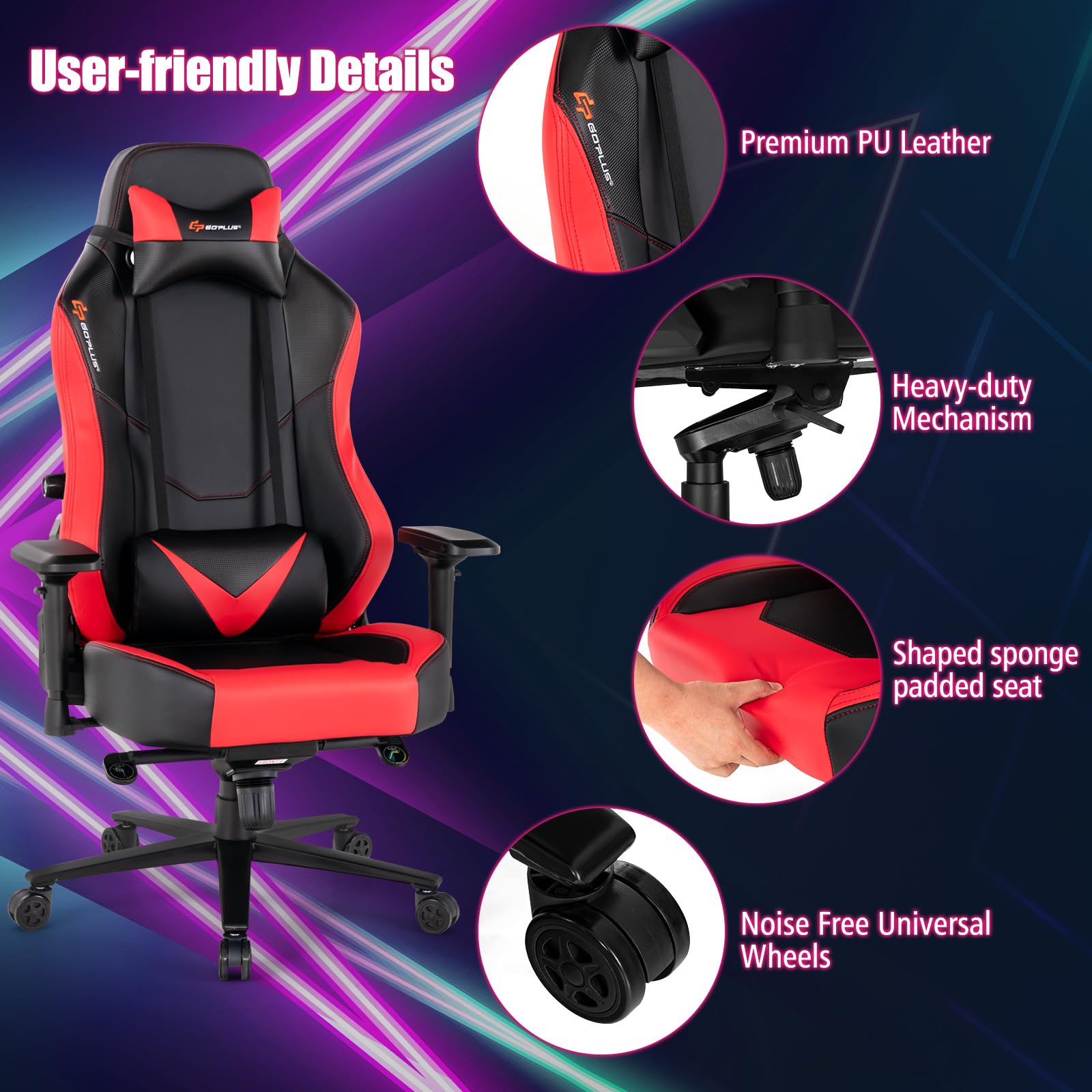 360° Swivel Gaming Chair with 4D Armrest & Multi-Angle Reclining - Red
