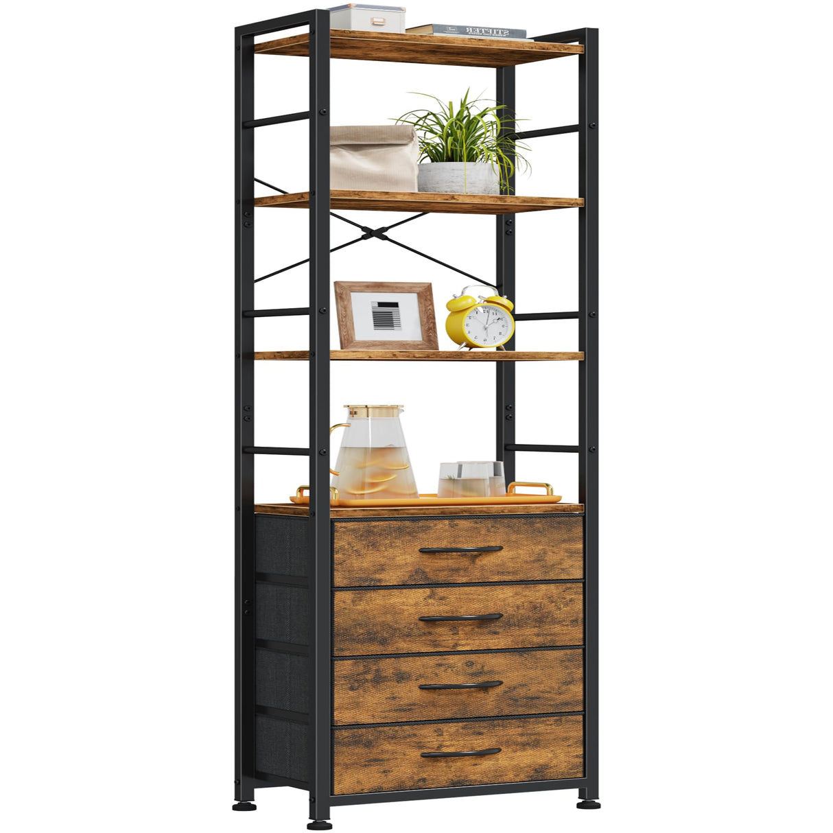 Bookshelf with 4 Fabric Drawers, 6-Tier Tall Narrow Bookshelf with Storage