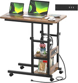 Height Adjustable C Shaped End Table with Charging Station, Mobile Laptop Side