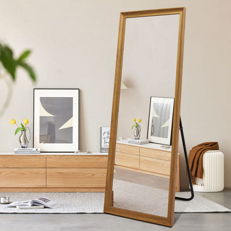 Full Length Mirror Wood Frame, 65×22in Floor Mirror Full Body Mirror with Standing Holder Hanging Wall Mirror