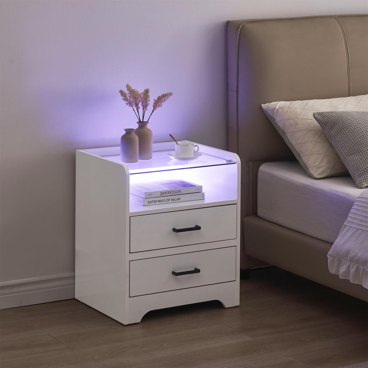 Nightstand Set of 2, LED Night Stand with 2 Drawers, Smart End Side Table with LED Lights and Glass Top, Modern Bedside Table with Open Storage for Bedroom Living Room Dorm, White