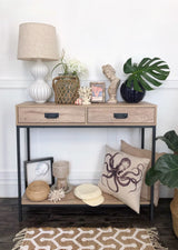 Oak Wood Console Table with 2 Drawers, Hallway Foyer Table with Storage Shelves