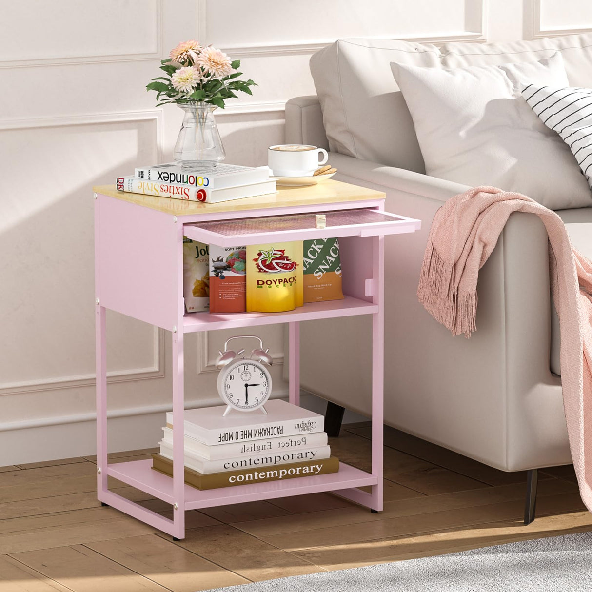 Pink Nightstand,End Tables with Storage Drawer,Bedside Table with Open Storage Shelf