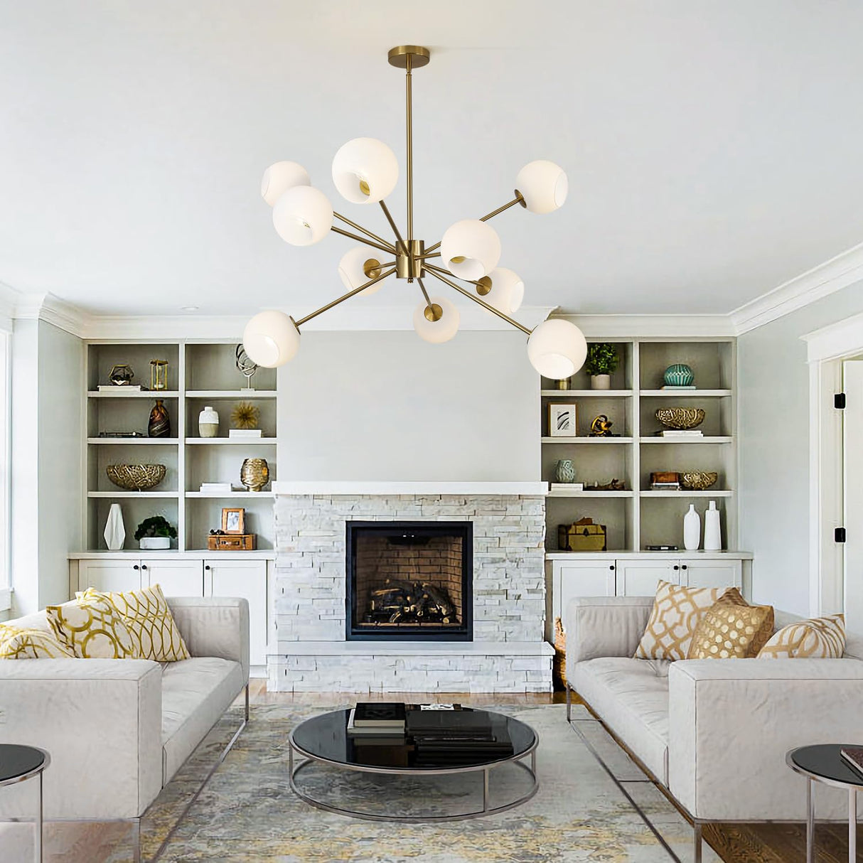 White Milk Glass Hanging Chandelier 10 Lights Mid Century Modern Globe Sputnik