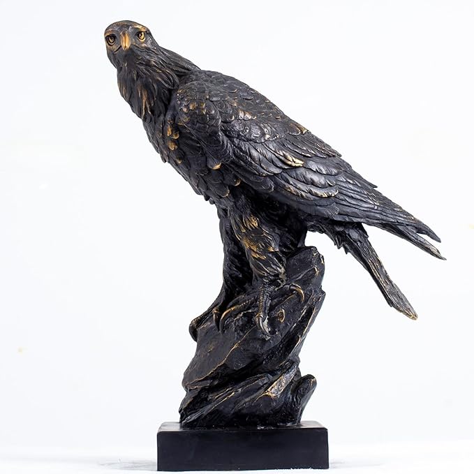 Bronze Eagle on Rock Statue, Black H:24.8" Bird of Prey Bronze Sculpture