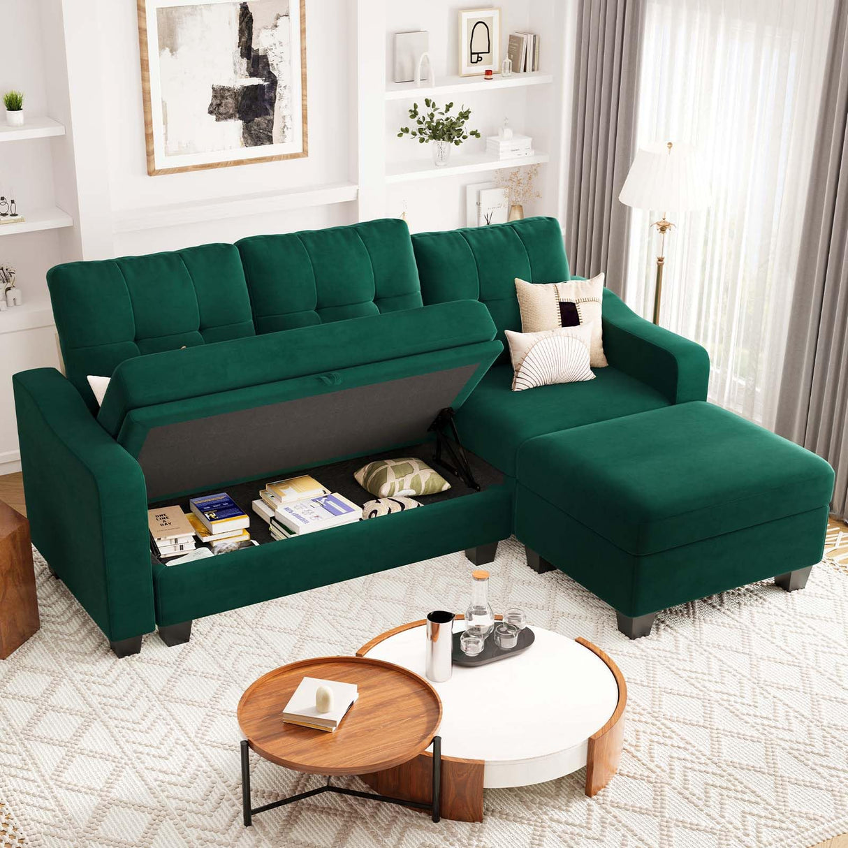 Velvet Sectional Couch with Storage, L Shaped Sofa with Chaise