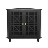 Ronne 2 Door Corner Accent Table with Fretwork Detail, 32 Inch, Black