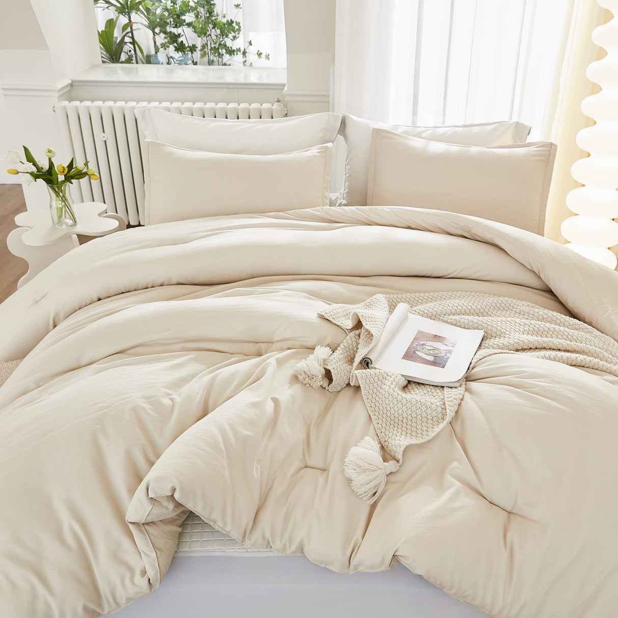 Beige Comforter Set California King Size, 3 Pieces Cal King Lightweight Solid Bedding