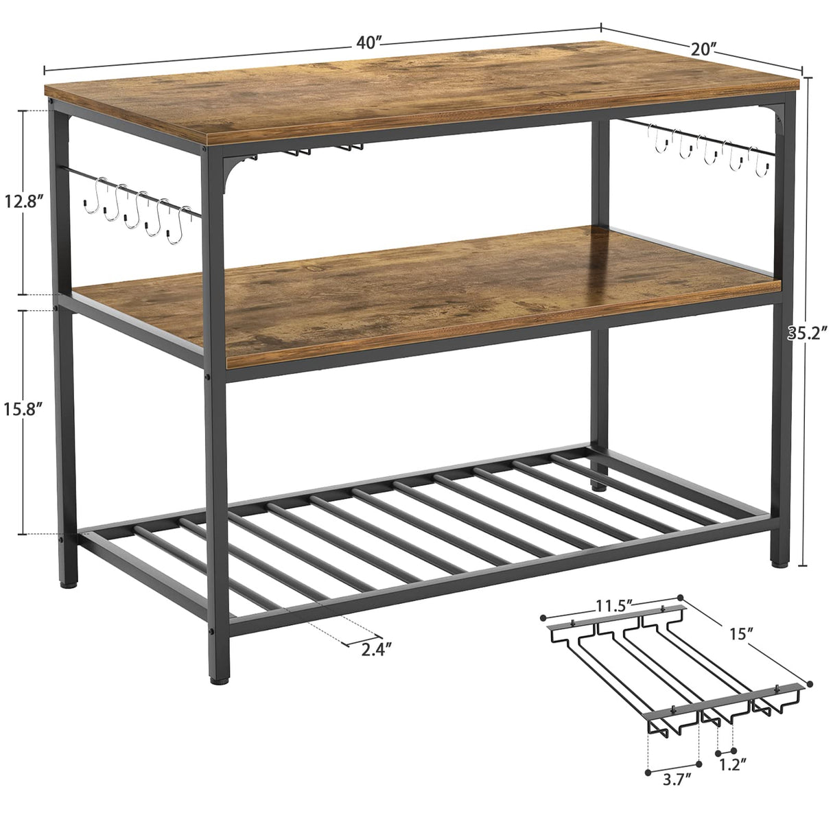 Kitchen Island with Wine Glass Holder, Industrial Wood and Metal Coffee Bar