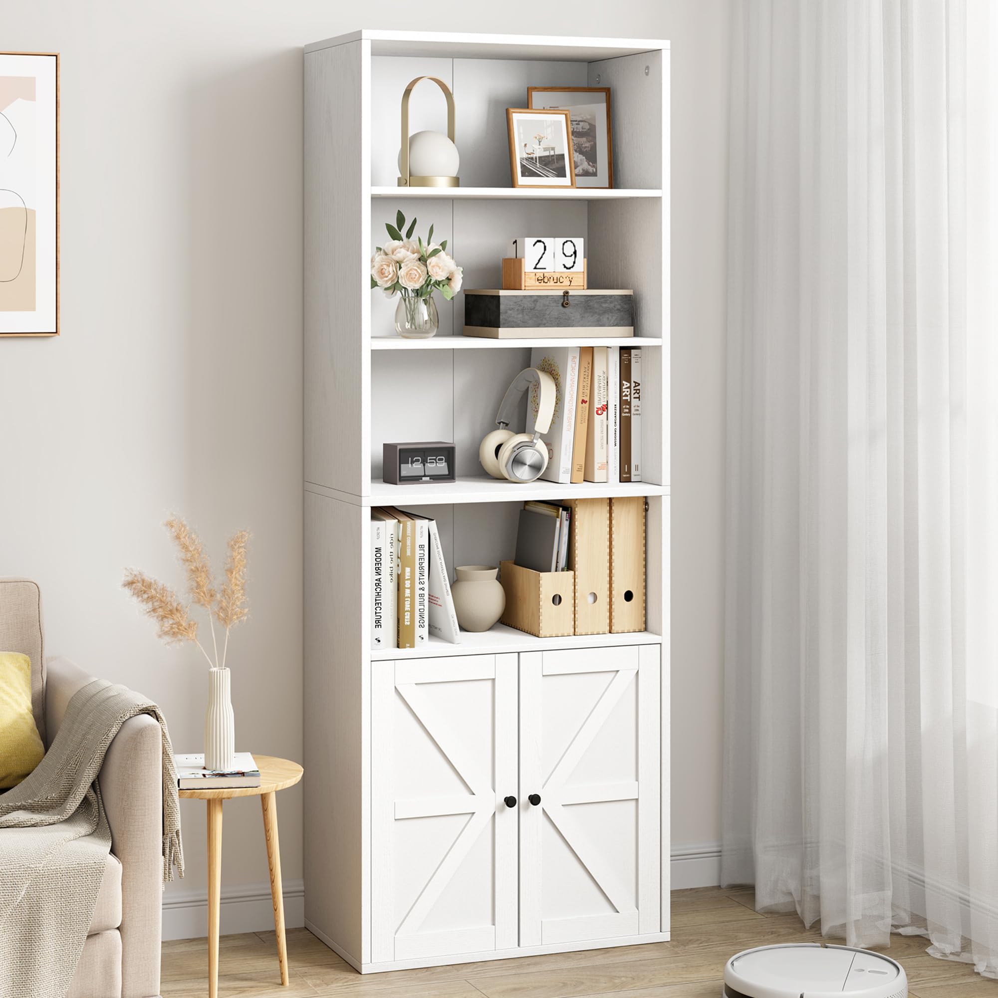 Bookcase with Doors Industrial Bookshelf 11.8in Depth Display Storage Shelves 71.4in