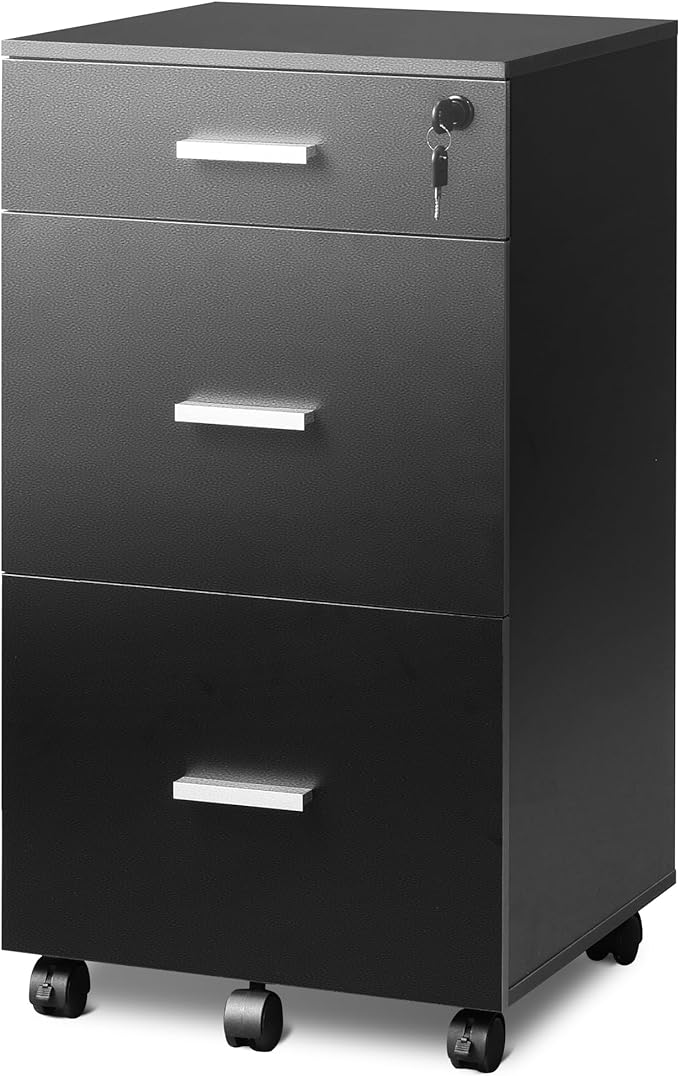 3 Drawer Rolling File Cabinet with Lock, Wood Filing Cabinet fits Letter