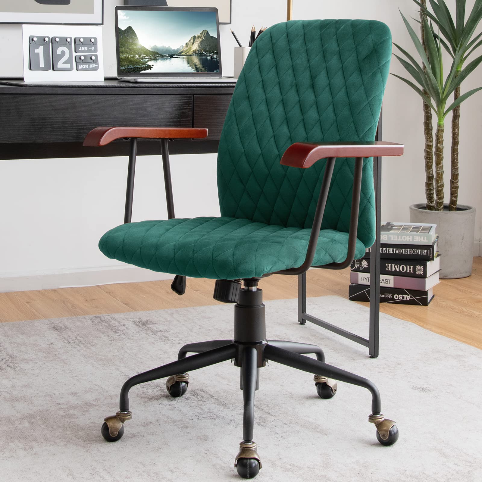 Vintage Green Velvet Office Chair - Adjustable Swivel Desk Chair with Copper Wheels