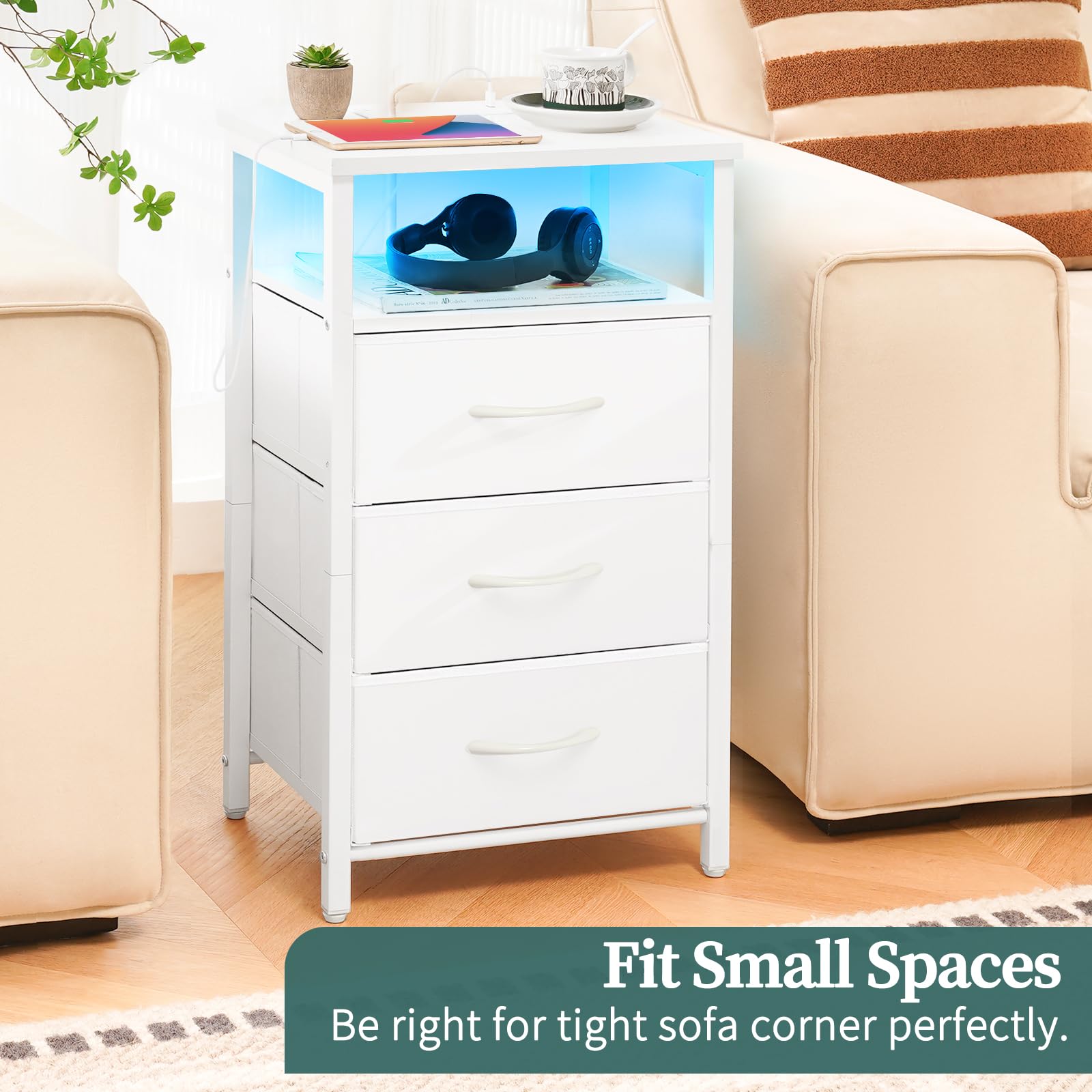 Night Stand with Charging Station, 16 Colors LED Nightstand