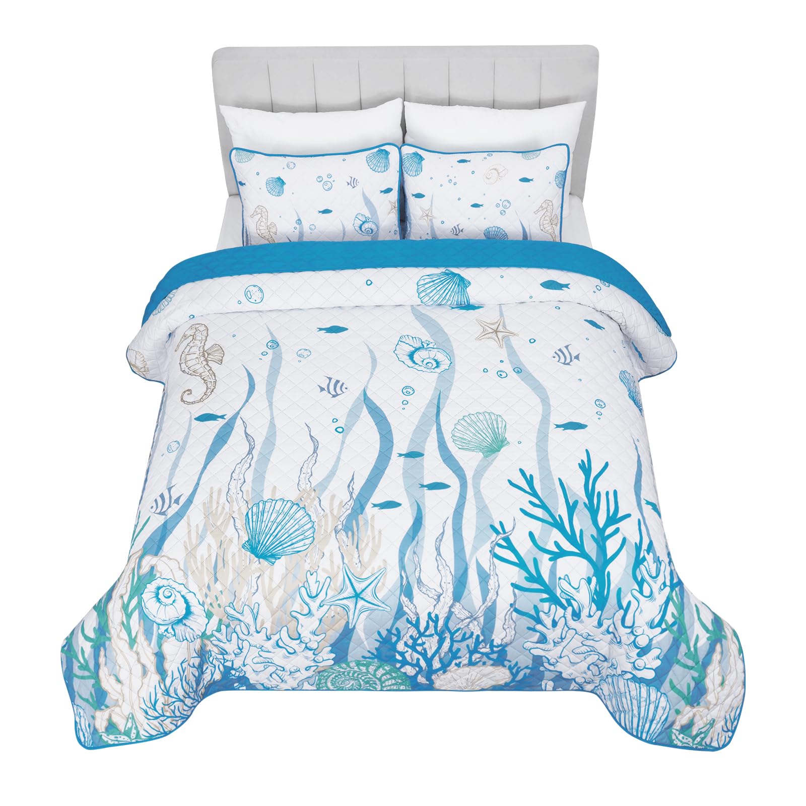 Coastal Quilt, Summer Beach 3 Piece Quilt Sets King Size with 2 Pillowcases