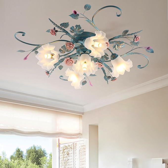5-Light Ceramic Rose Ceiling Light with Glass Lampshade