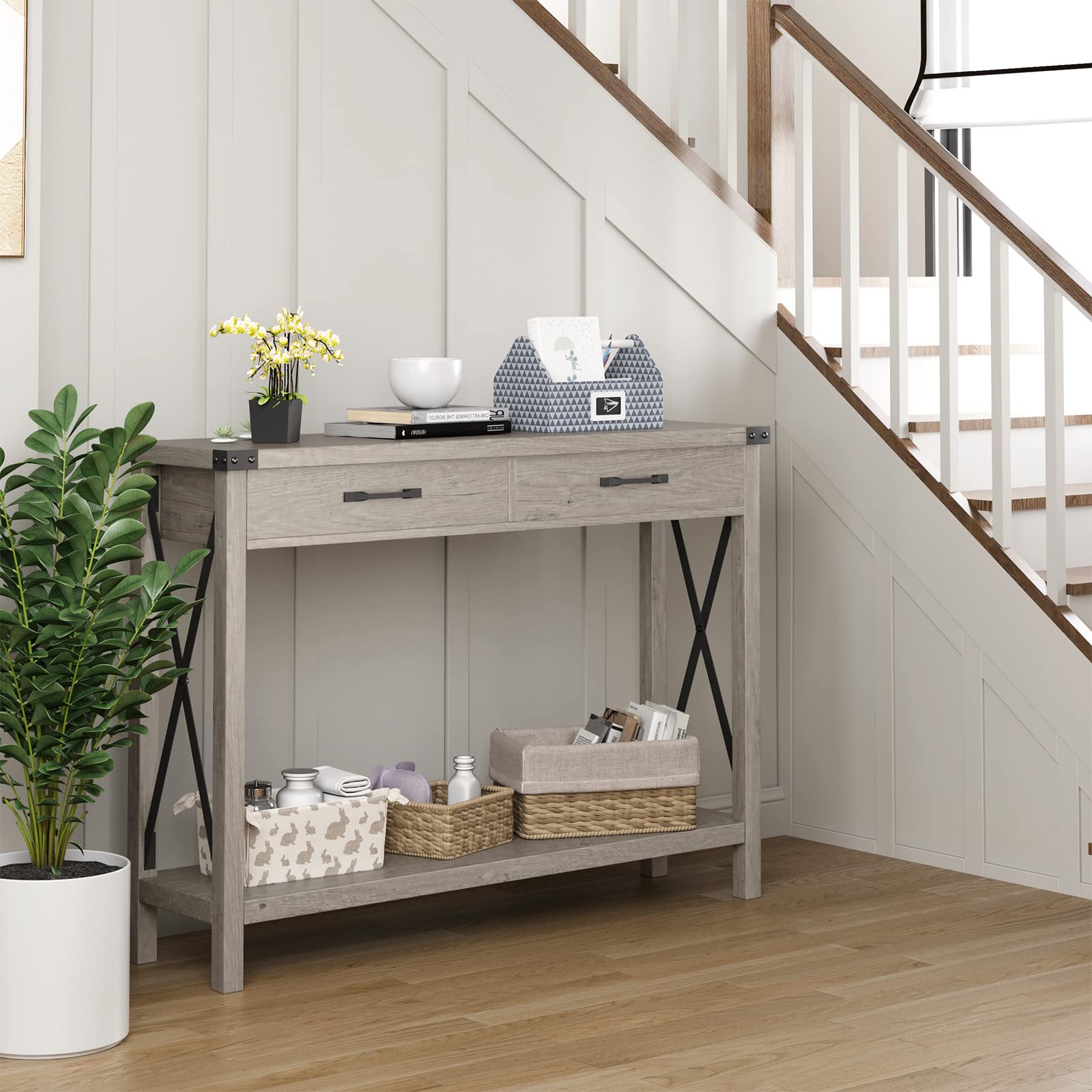 Console Table with 2 Drawers, Farmhouse Entryway Table with Storage Shelf, Accent