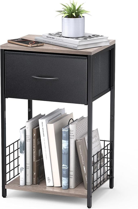 Nightstand, Side Table Bedroom with Book Shelf & Storage Drawer, Night Stand with Fabric Bin for Bedroom