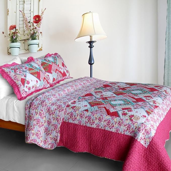 Bedding [Classical Rose] 3-Pieces Floral Printed-Quilted Cotton Quilt Set (Full/Queen Size)