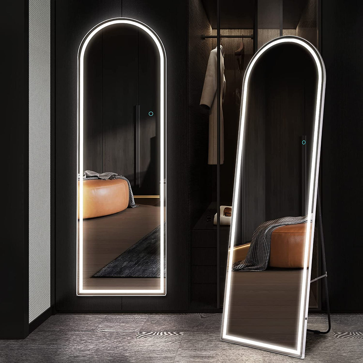 63'' x 20' Full Length Mirror with LED Lights, Arched Floor Standing Mirror, White