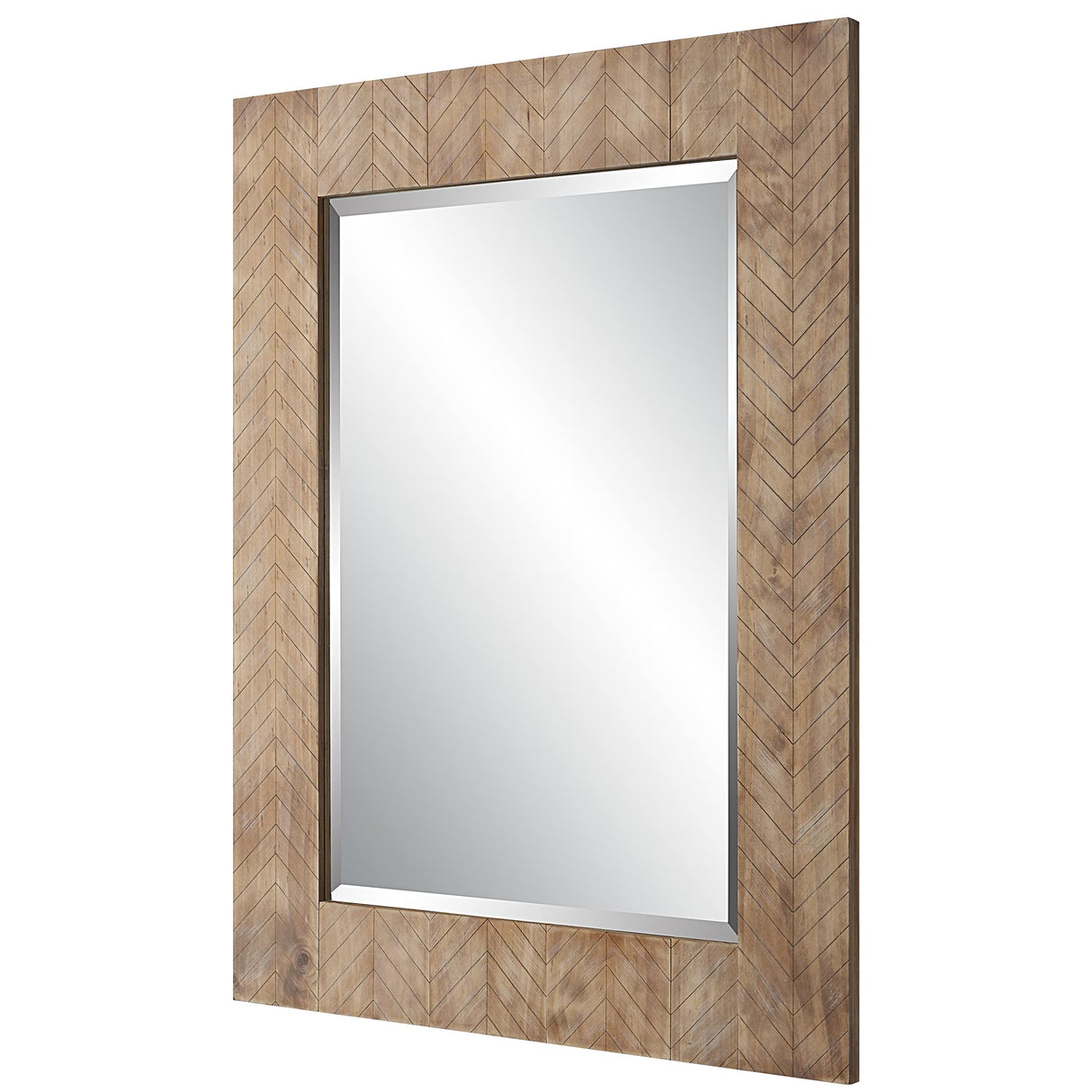 39 Inch Wood Frame Wall Mirror, Chevron Design