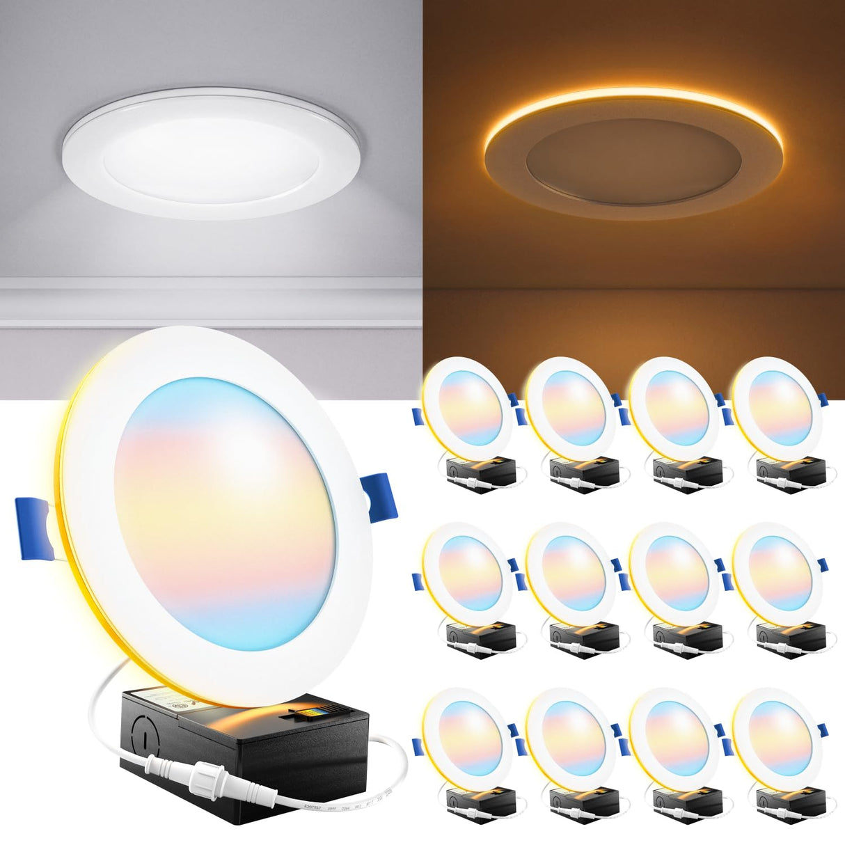 Sunco 12 Pack 6 Inch LED Recessed Light with Night Light, Canless Recessed Lighting, 1500 LM, 15W (150W Equivalent), Selectable CCT 2700K/3000K/4000K/5000K/6000K, Dimmable, with Junction Box.