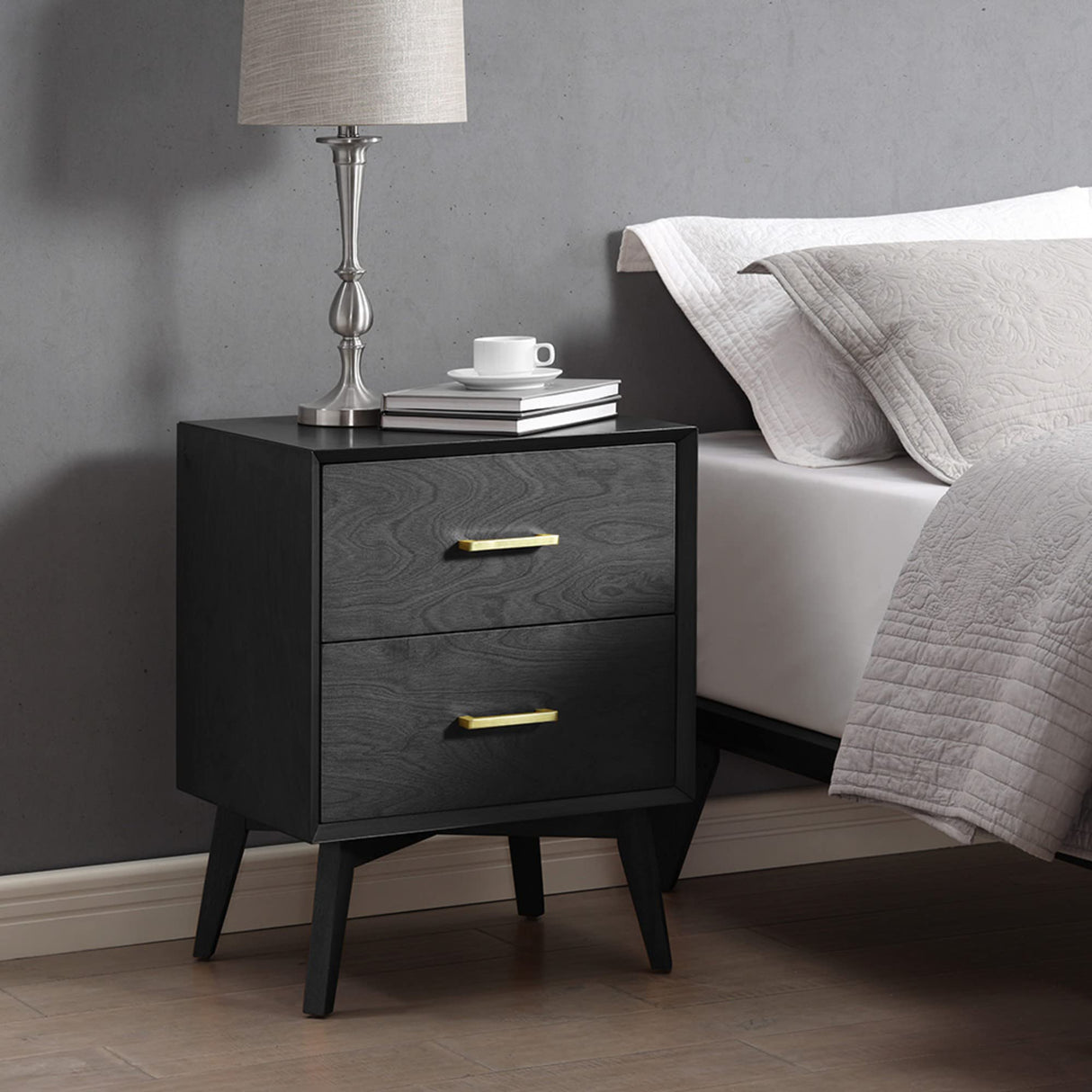 Metro Two Drawer Nightstand Bed Side Table, Black