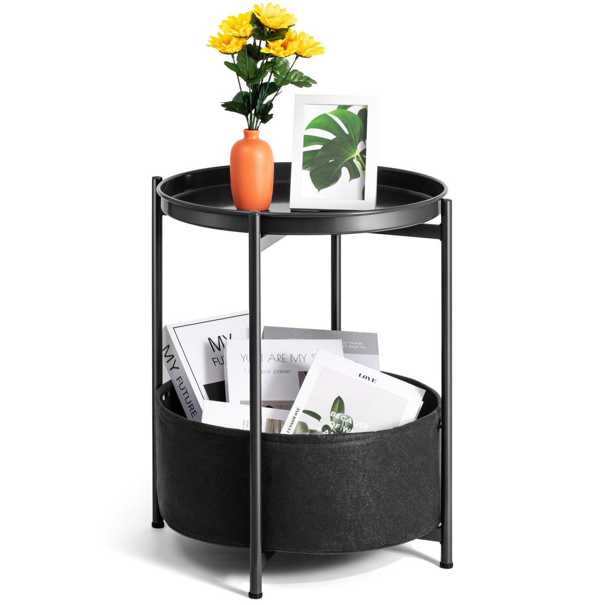 Luwesde Small Side Table, Black Round End Table with Storage Basket, Metal Night Stand with Removable Tray, Small Bedside Table for Living Room, Bedroom, Nursery (Black)