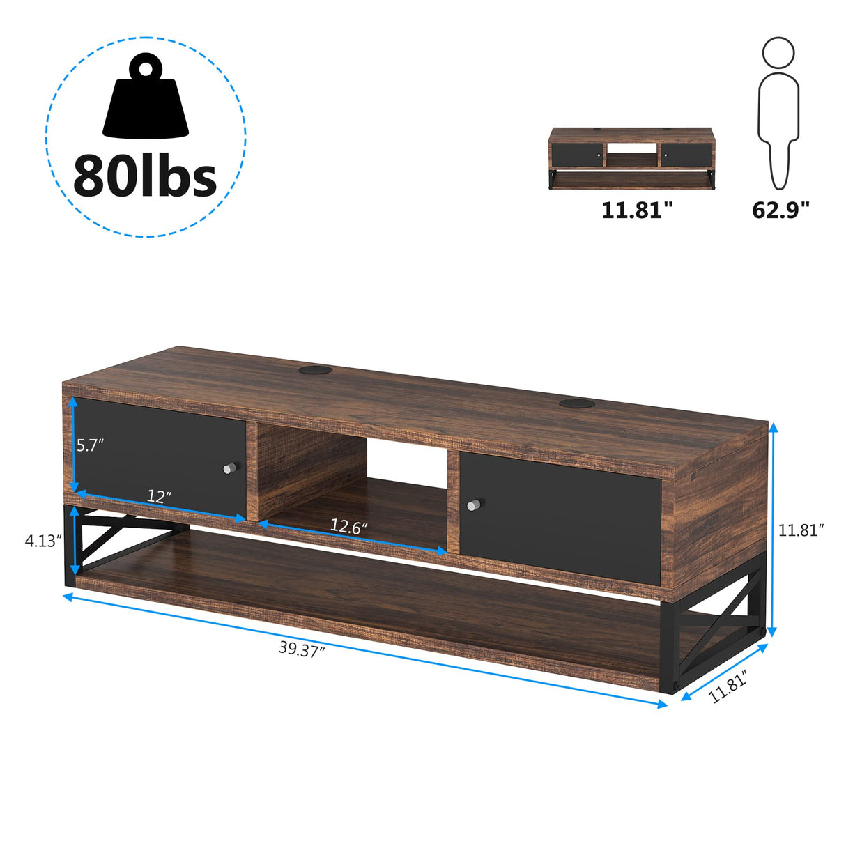 Floating TV Stand, Wall Mounted Media Console with Doors, 40” Farmhouse Floating