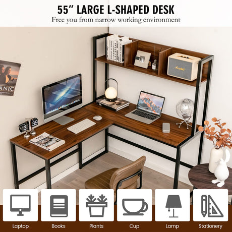 Tangkula Reversible L-Shaped Desk with Hutch, Space Saving Corner Computer Desk with Storage Shelves, Home Office Study Writing Desk Computer Workstation with Storage Bookshelf, Gaming Desk