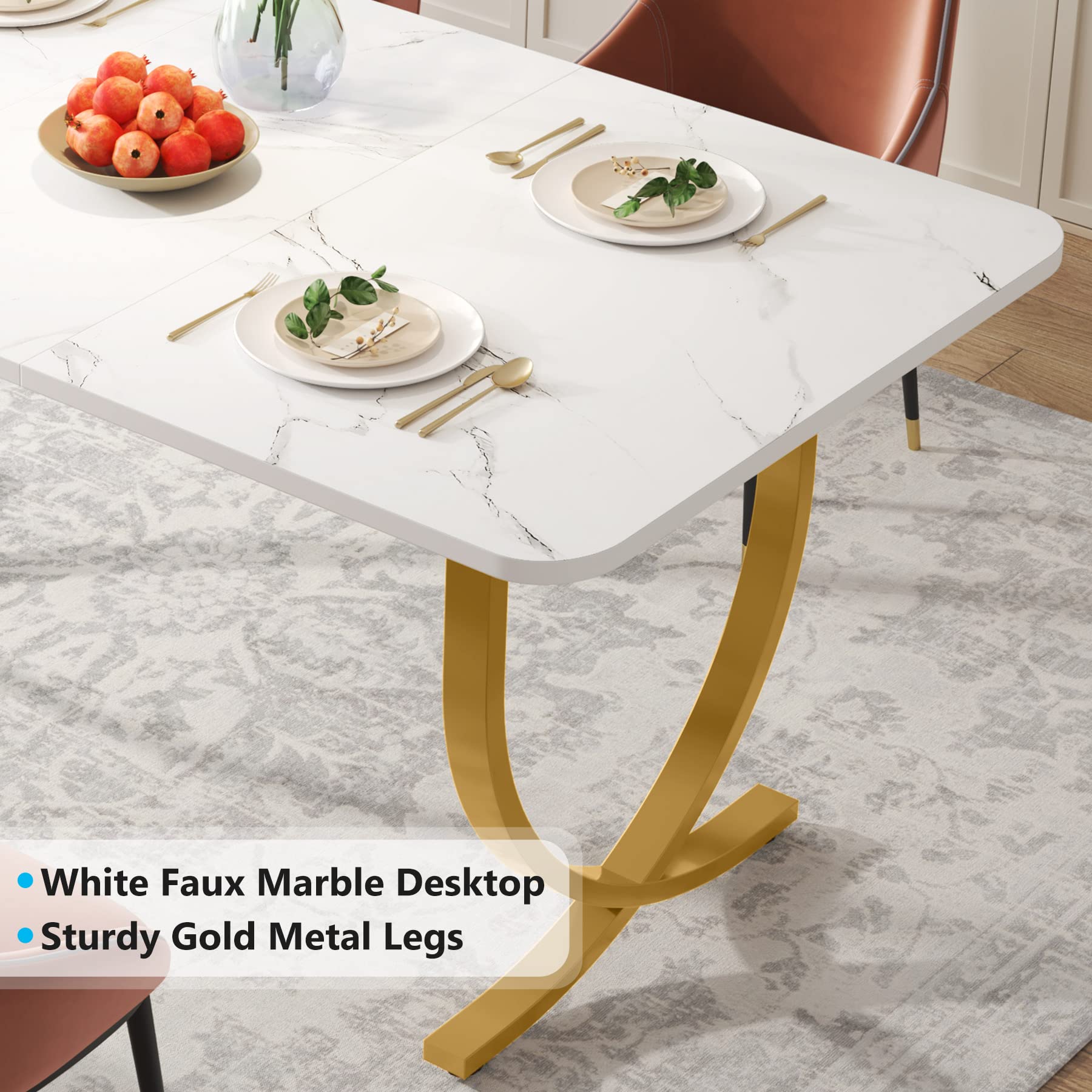 Dining Room Table, Kitchen Table with Faux Marble Table Top and Gold Metal Legs