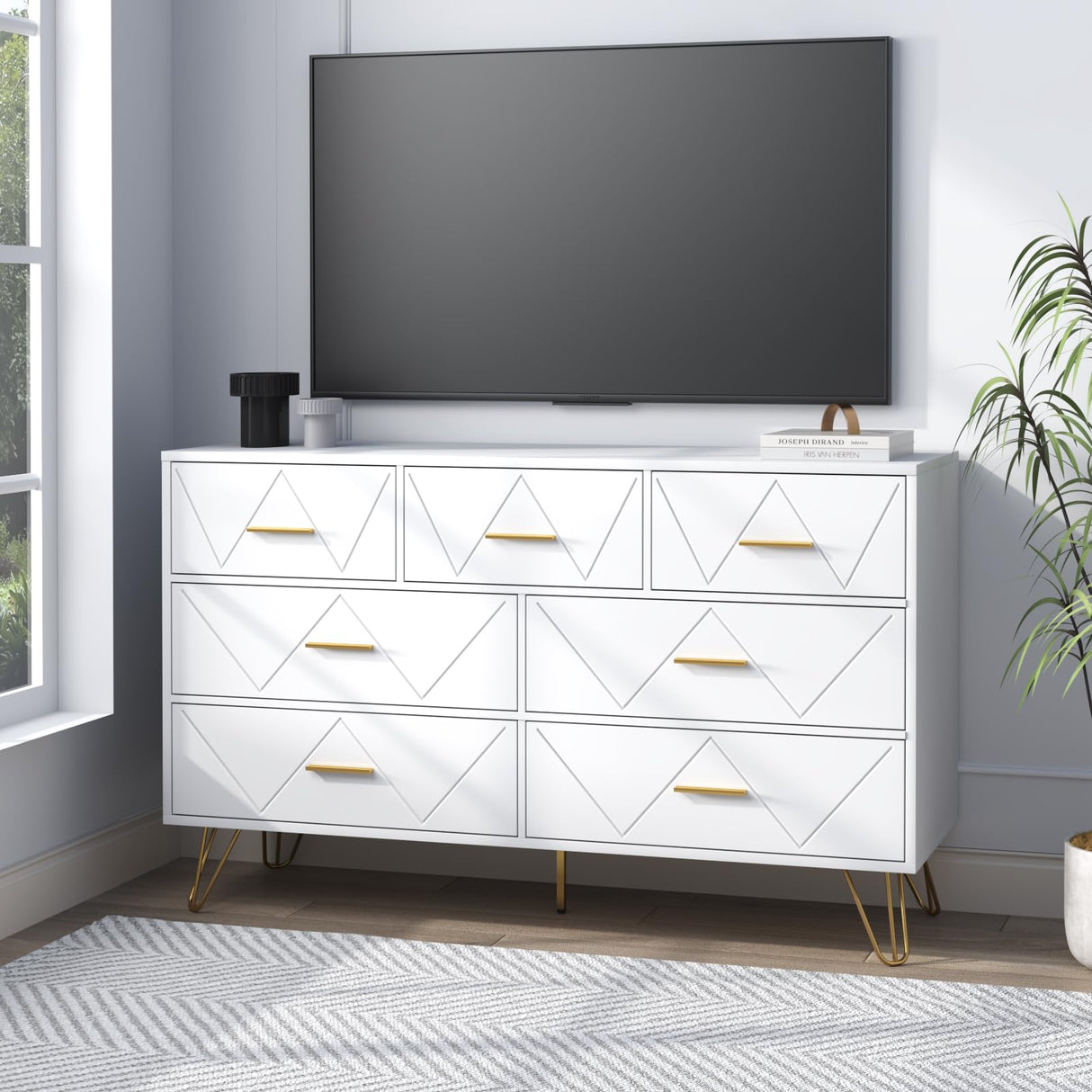 7 Drawers Dresser for Bedroom, White Dresser with Golden Legs & Handles