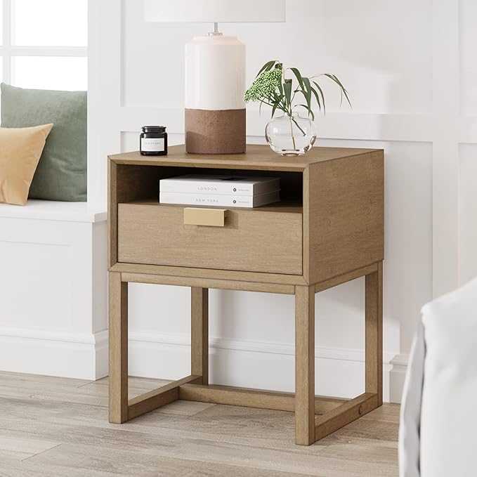 32704 Harper Mid-Century Oak Wood Nightstand with 2-Drawers, Small Side End Table