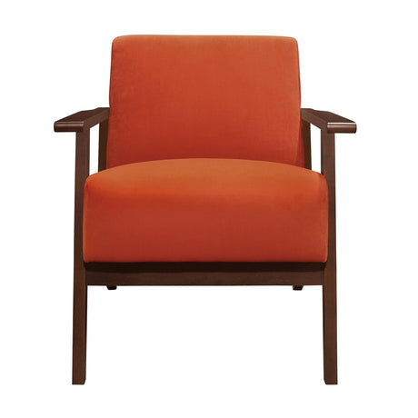 32 Inch Accent Armchair, Soft Velvet, Walnut Solid Wood, Orange and Brown