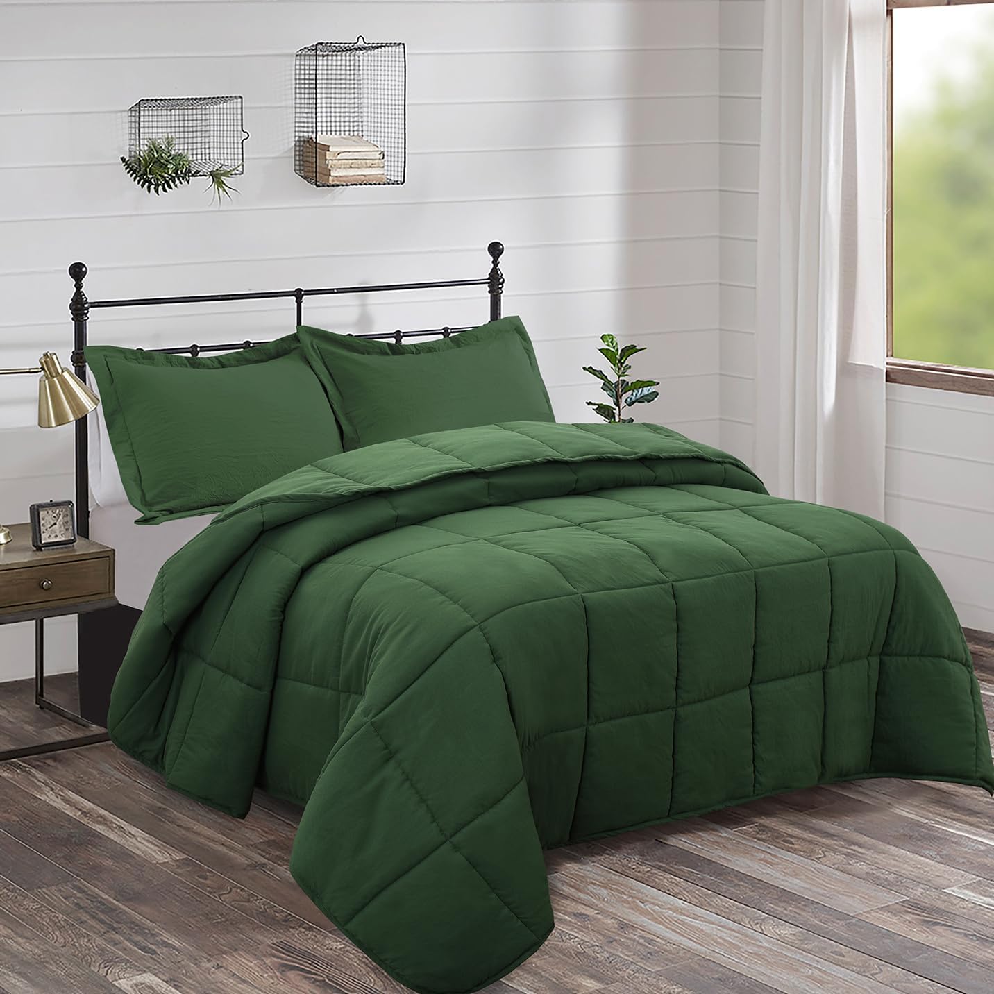 3pc Prewashed Green Queen Size Comforter Duvet Insert - All Season Quilted Down Alternative Comforter