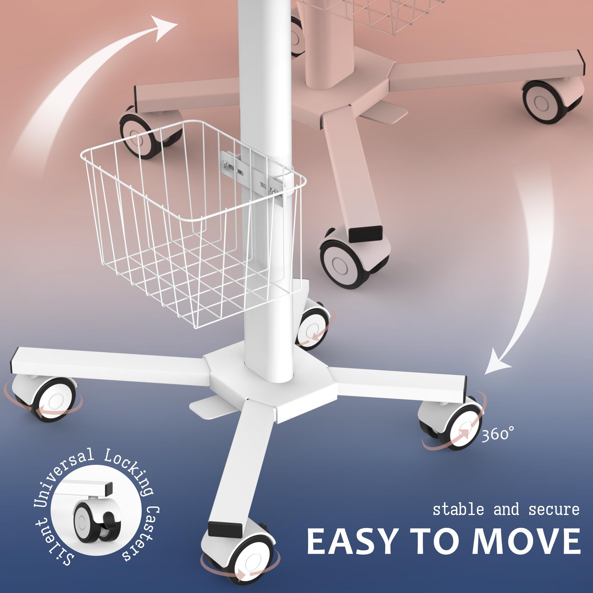 TUILUN Adjustable Height Portable Laptop Desk with Wheels,White Computer Cart on Wheels,Standing Mobile Desk Workstation, Utility Medical Cart