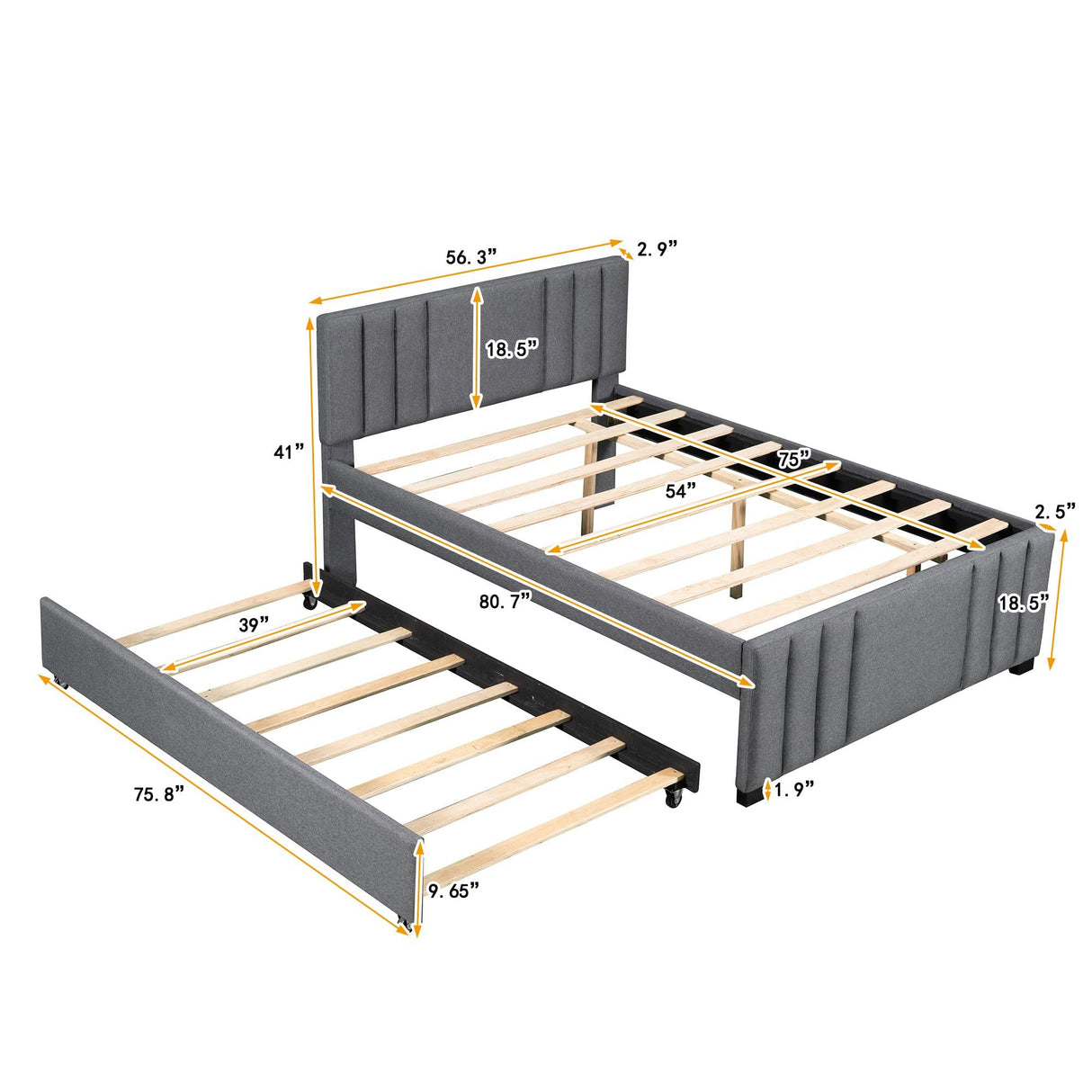 Platform Bed with Trundle, Modern Design and Tufted Linen, Grey