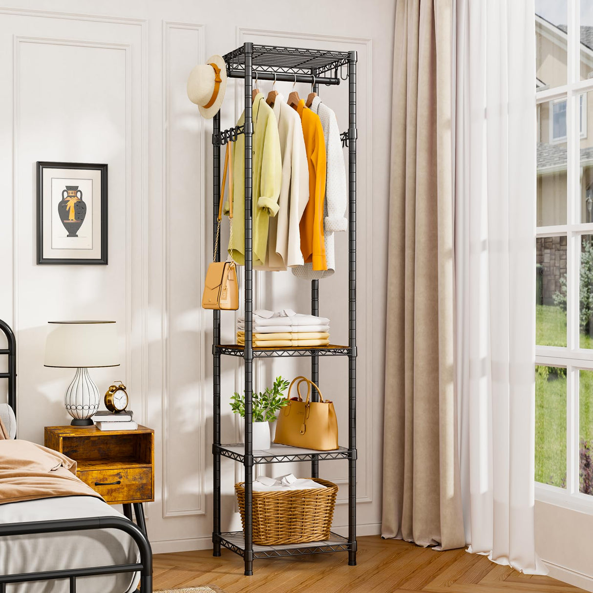 Coat Rack Freestanding, Hall Tree with 4 Storage Shelves and 16 Hooks, Coat Rack Stand