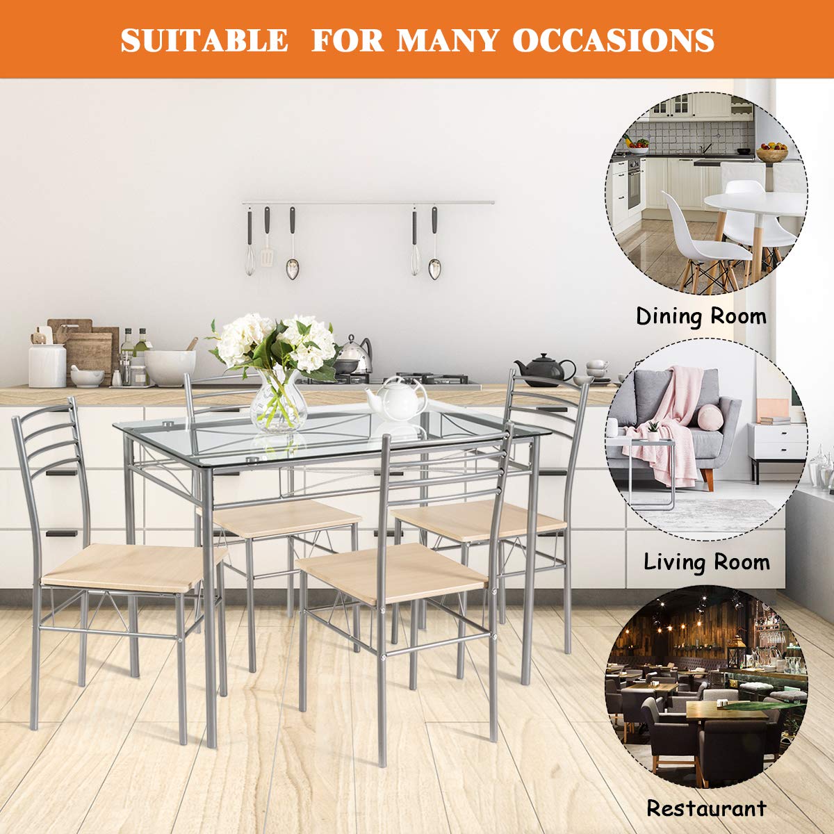 5-Piece Glass Dining Table Set with 4 Chairs