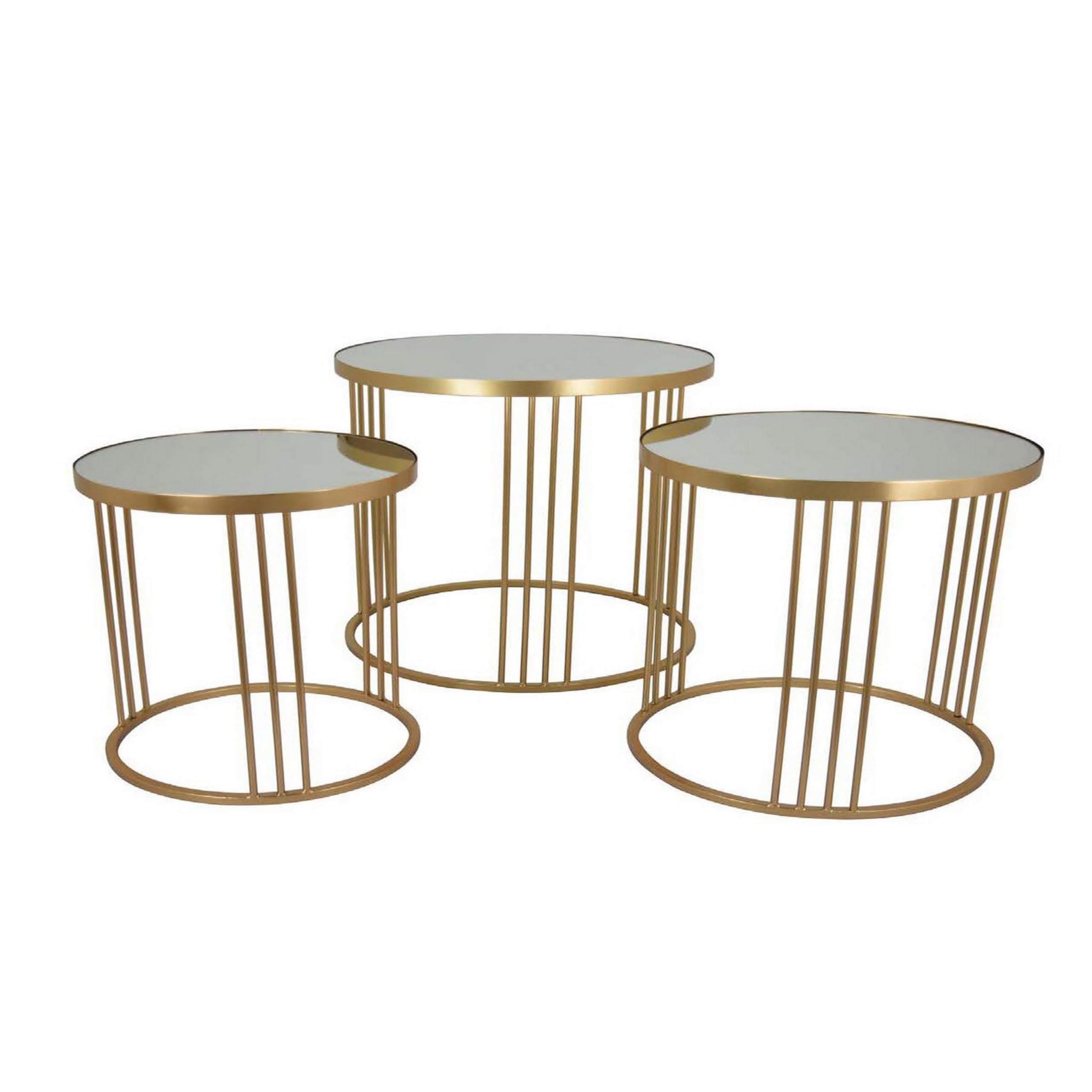 Set of 3 Accent Nesting Tables, Round Mirrored Top, Modern Gold Metal