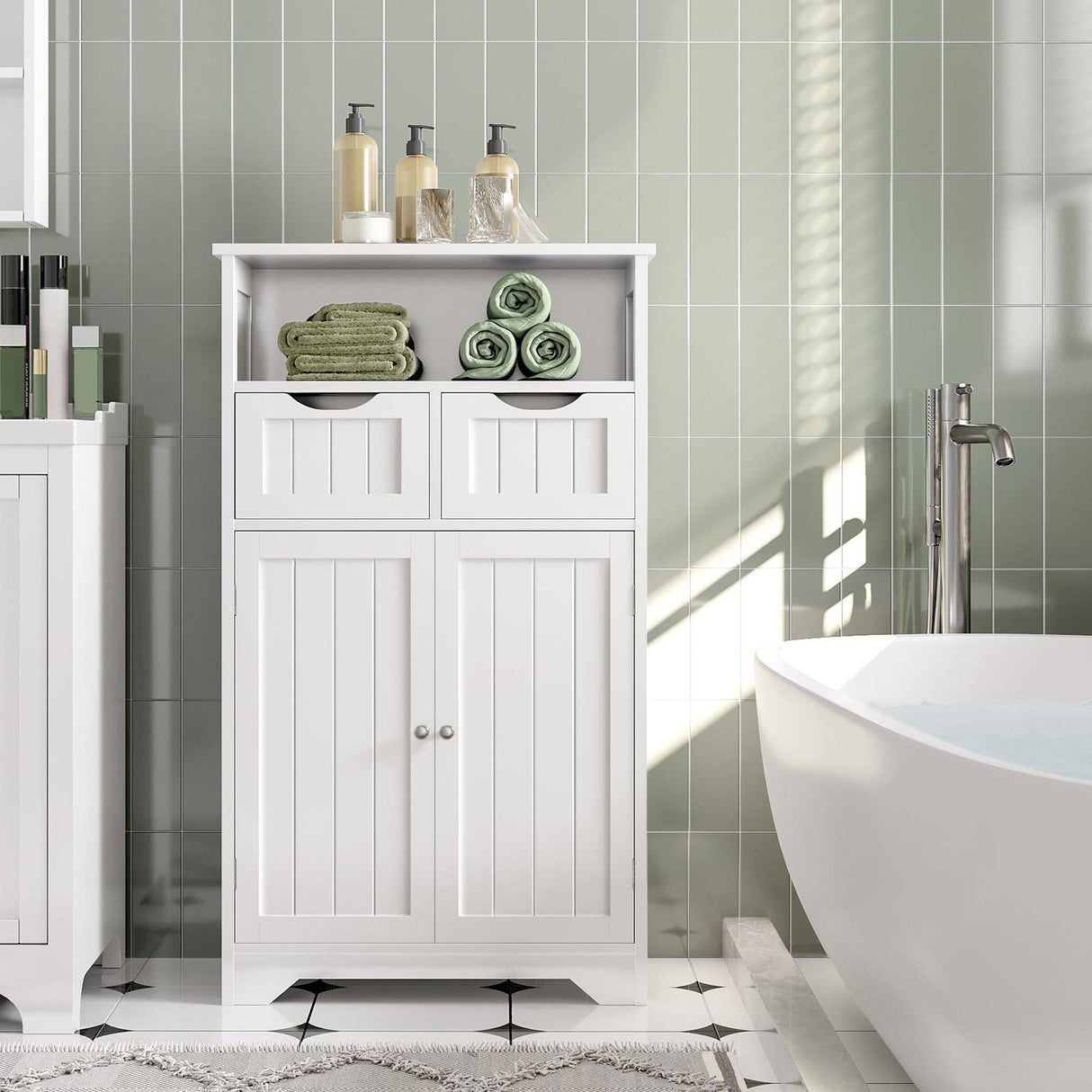 Bathroom Storage Cabinet with 2 Drawers & Adjustable Shelf, 2 Doors Bathroom Floor