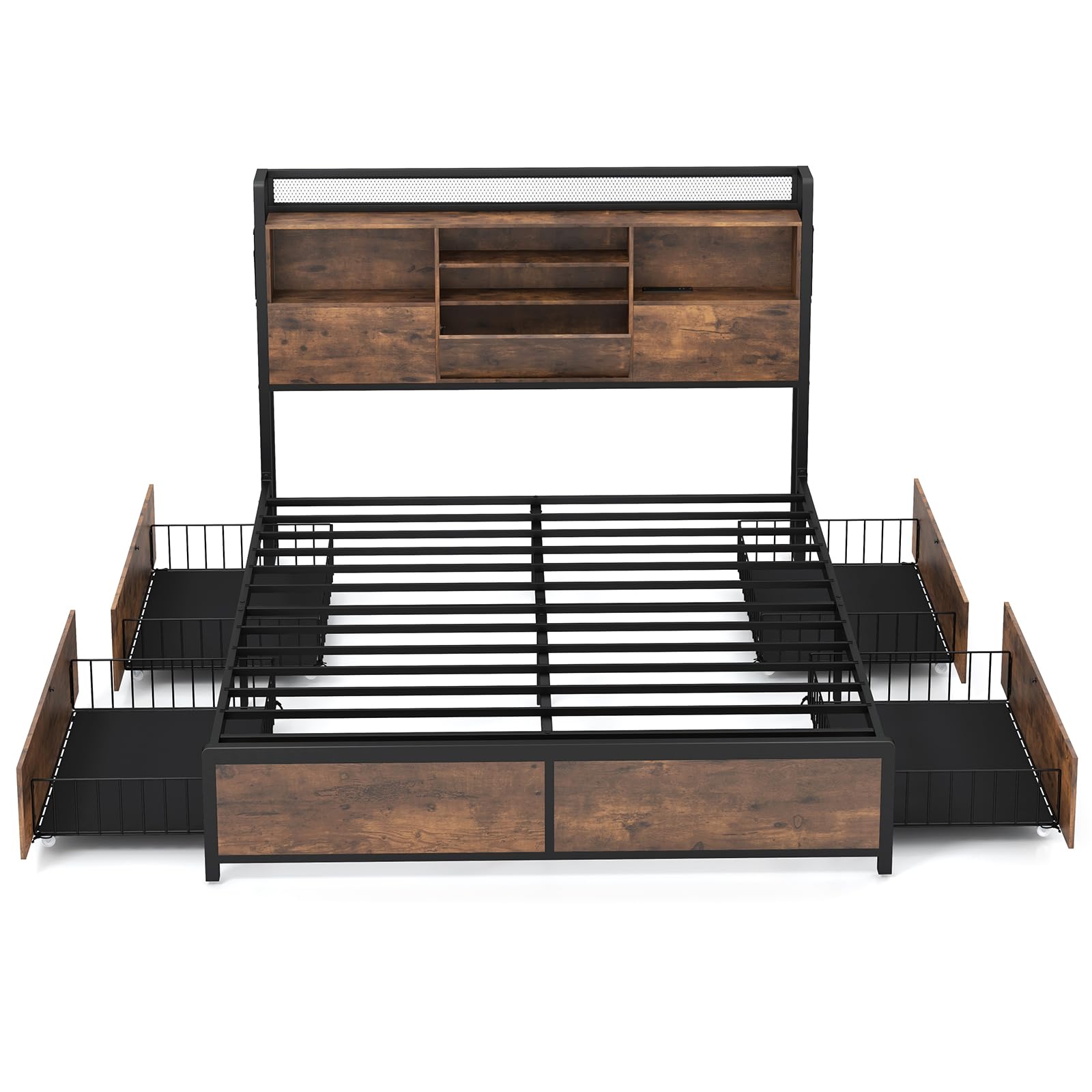 Giantex Queen Bed Frame with 4 Storage Drawers and Bookcase Headboard, Industrial Bed Frame with Charging Station, Heavy Duty Slats Support, No Box Spring Needed, Metal Queen Platform Bed with Storage