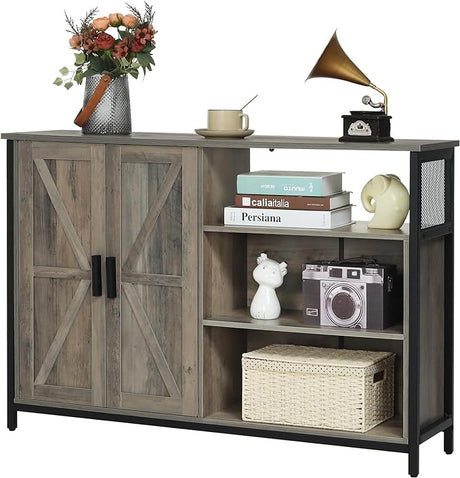 Floor Storage Cabinet, Buffet Storage Cabinet with 2 Barn Doors, Industrial Sideboard with Adjustable Shelves,