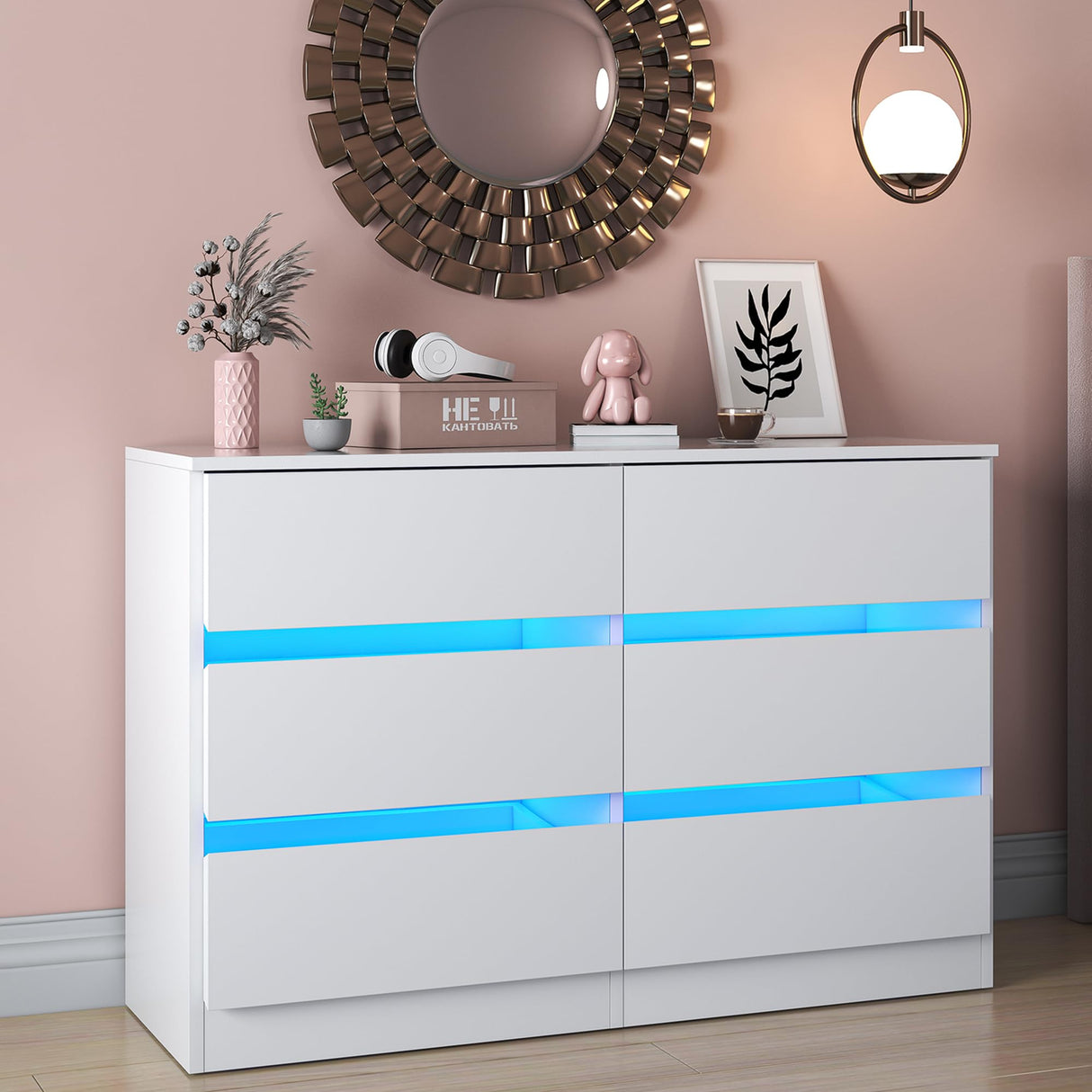 6 Drawer Dresser with LED Light, White Dresser with Tempered Glass Panel, Modern