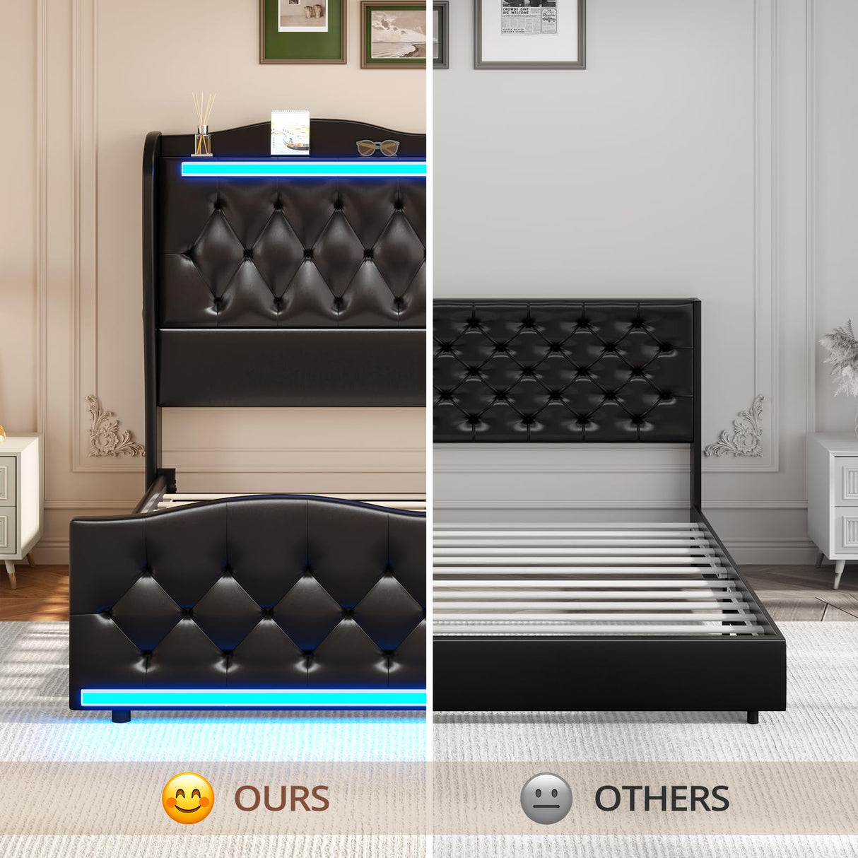 BTHFST Queen Size Bed Frame Tall Headboard with LED Lights & Charging Station, Upholstered Wing Headboard & Footboard, Heavy Duty Wooden Slats, No Box Spring Needed, Easy Assembly (Black, Queen)