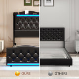 BTHFST Queen Size Bed Frame Tall Headboard with LED Lights & Charging Station, Upholstered Wing Headboard & Footboard, Heavy Duty Wooden Slats, No Box Spring Needed, Easy Assembly (Black, Queen)