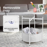 Side Table, White End Table with Storage Basket, Metal Night Stand with Removable Tray,