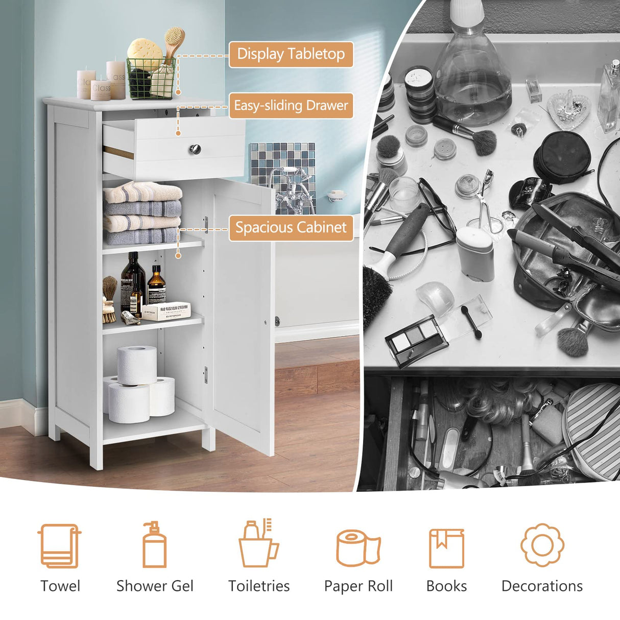 Floor Storage Cabinet, Bathroom Freestanding Side Storage Organizer, Single Door Floor Storage Cabinet w/Drawer & Adjustable Shelves,