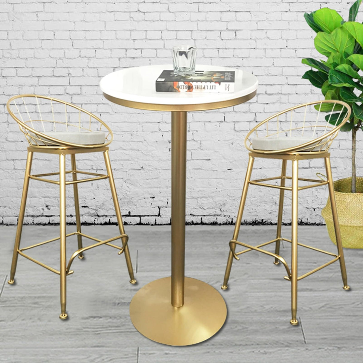 Round Bar Table Bistro Pub Cocktail Table Marble Top Table with Gold Metal Base